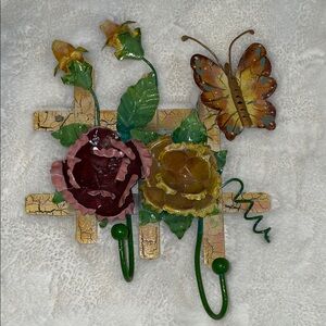 Metal with enamel paint two-hook wall hanger - flowers/butterfly